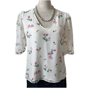 Express Women's Cream Floral Blouse V-neck Chiffon Puff Sleeves Elastic Cuffs XS